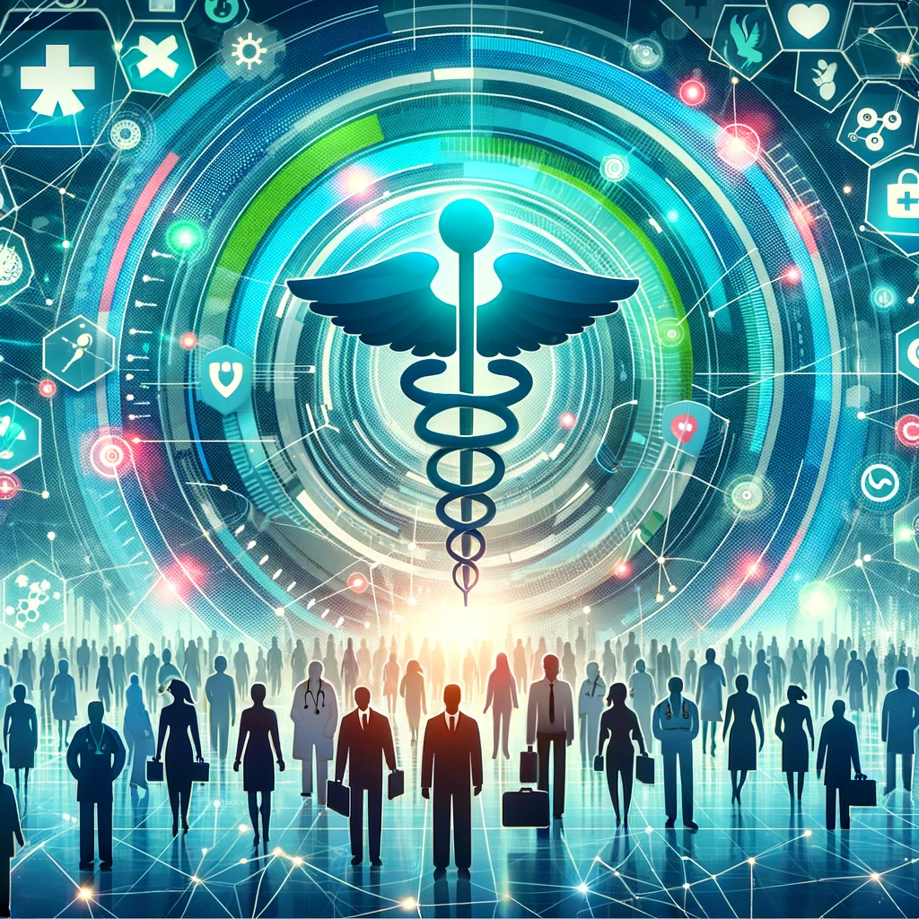 Digital illustration of healthcare talent acquisition, with silhouettes of professionals advancing towards a central caduceus symbol surrounded by futuristic technology and medical icons.