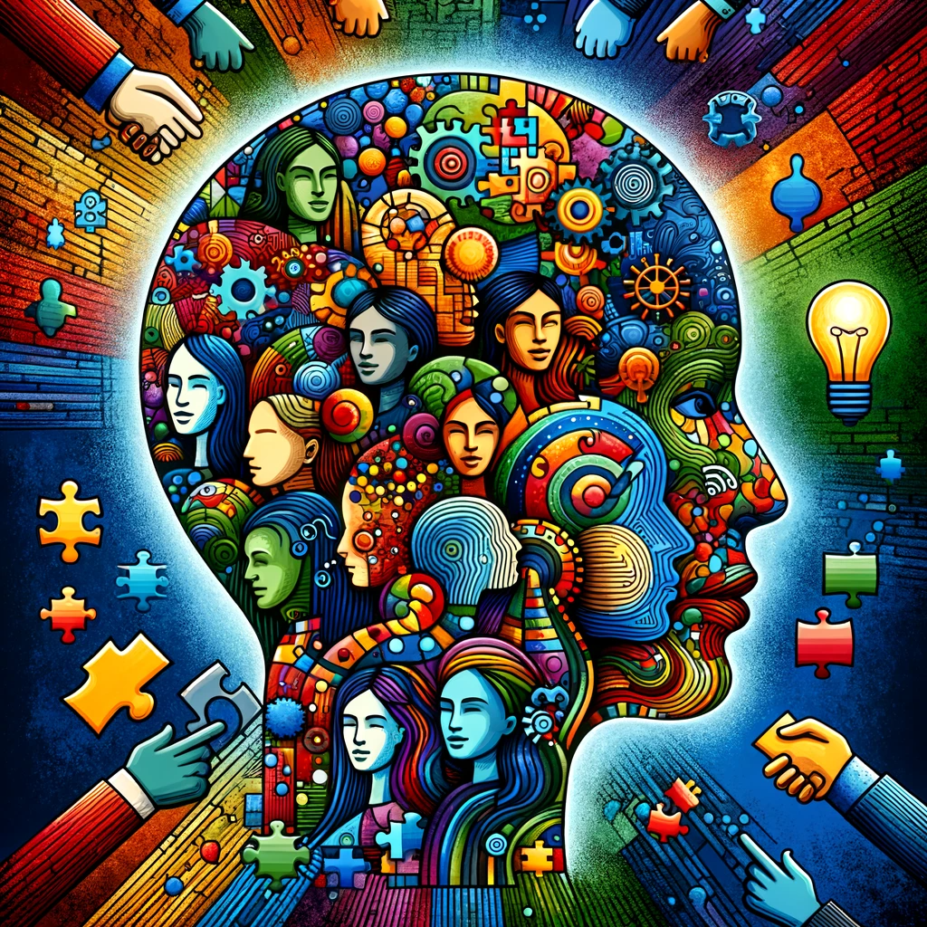 Colorful illustration of a human head silhouette filled with diverse faces and symbols of creativity, surrounded by hands assembling puzzle pieces, symbolizing collaboration and diverse thinking.