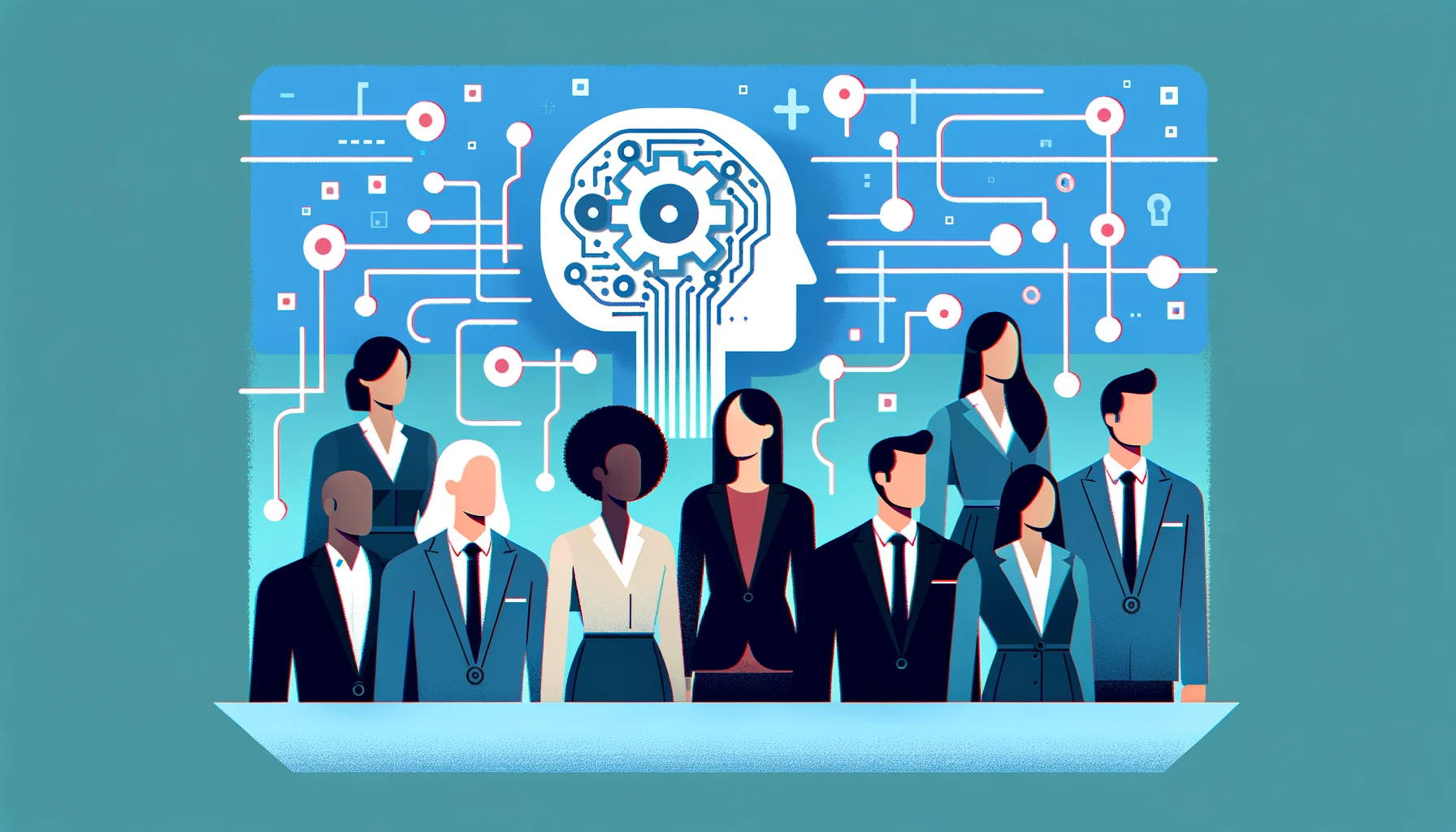 Diverse professionals with a circuit-brain backdrop symbolizing DEI in AI