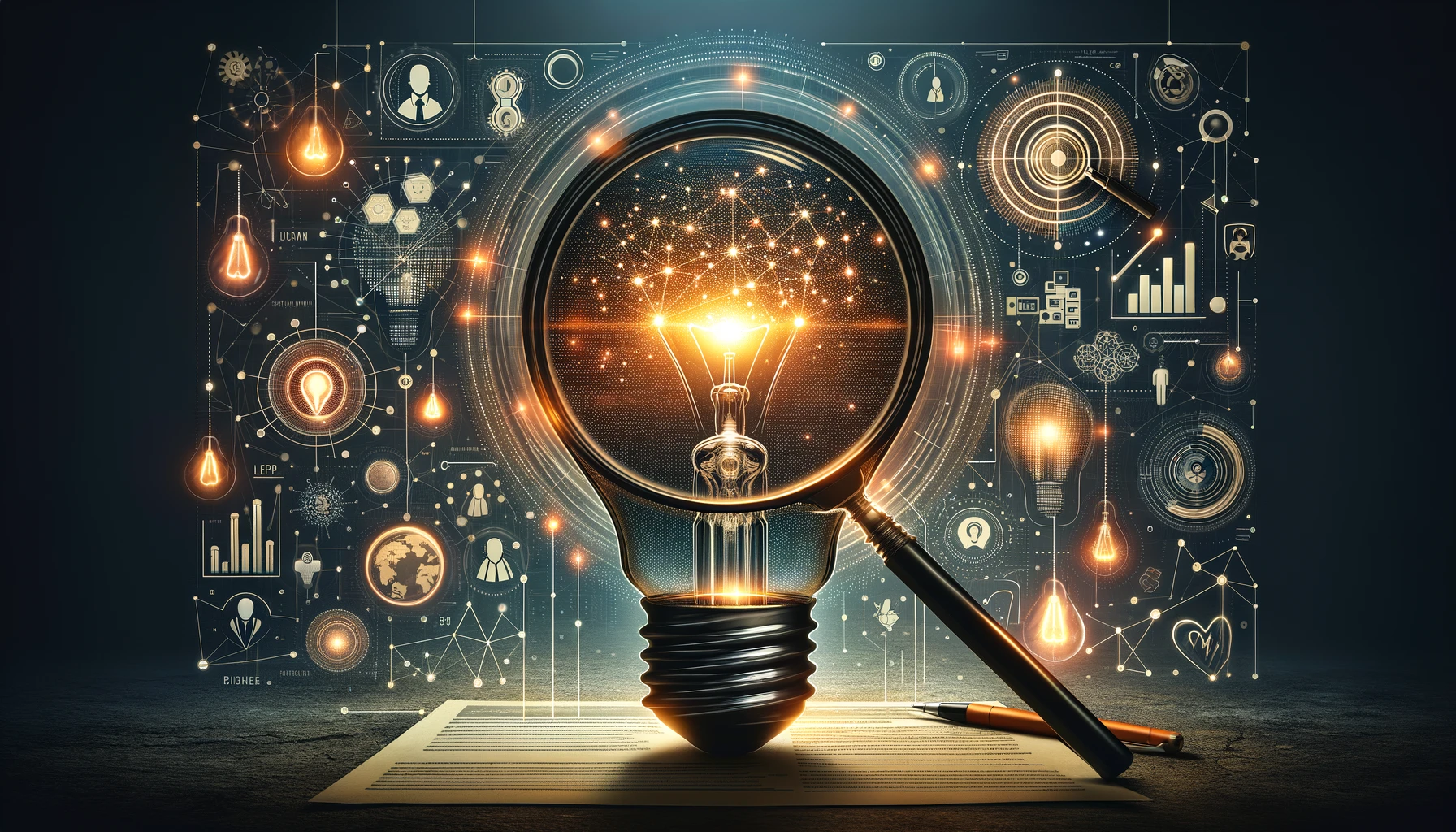 Image featuring a glowing lightbulb, a magnifying glass, and abstract data elements, symbolizing creativity and professional success in recruitment.