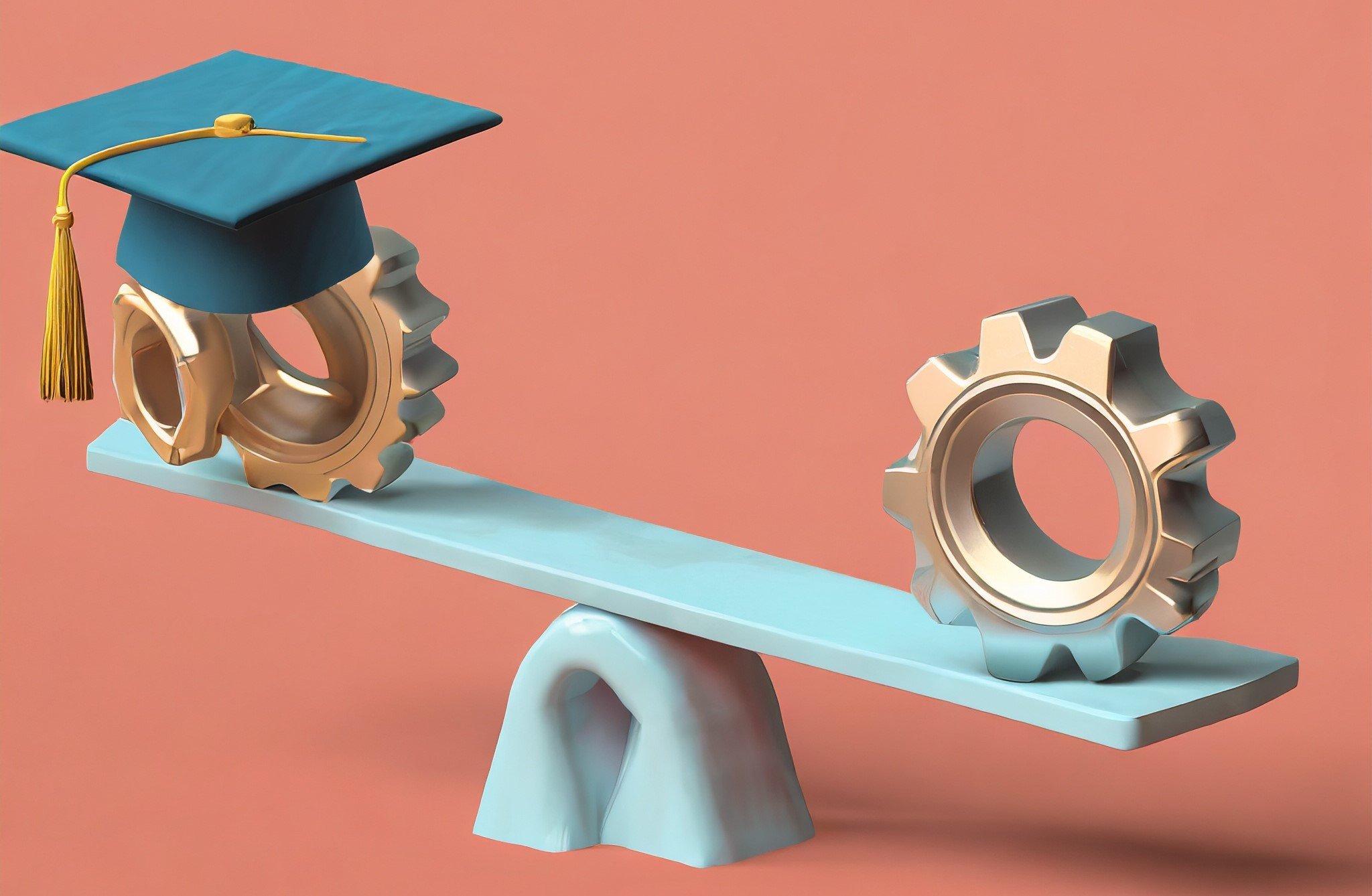 A balance scale. On one side, a traditional graduation cap and on the other, a set of tools or gears.