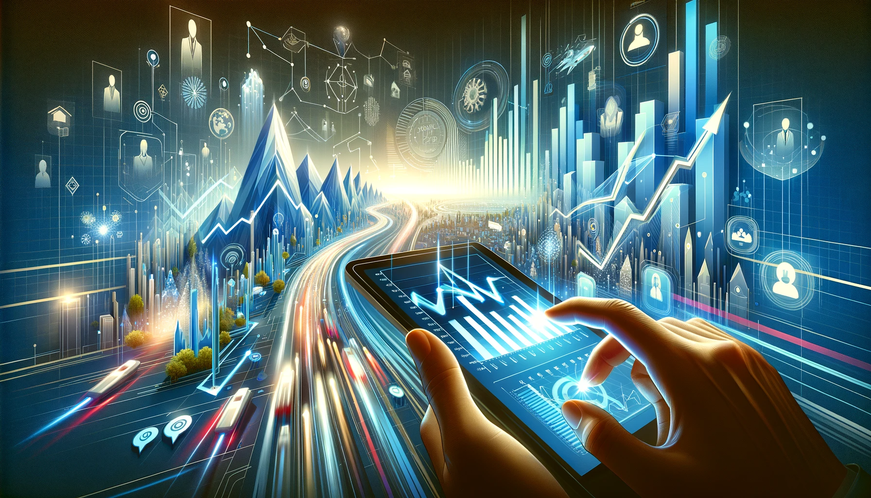 Futuristic illustration of a hand interacting with a tablet showing dynamic financial graphs, amidst a vivid landscape with digital elements, icons, and holographic projections symbolizing connectivity and analytics.